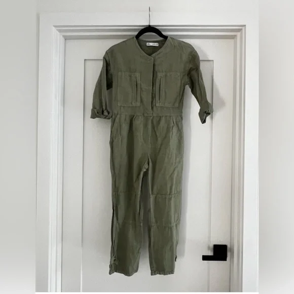 Girls Zara green utility pocketed snap top army green jumpsuit romper! - Picture 1 of 4